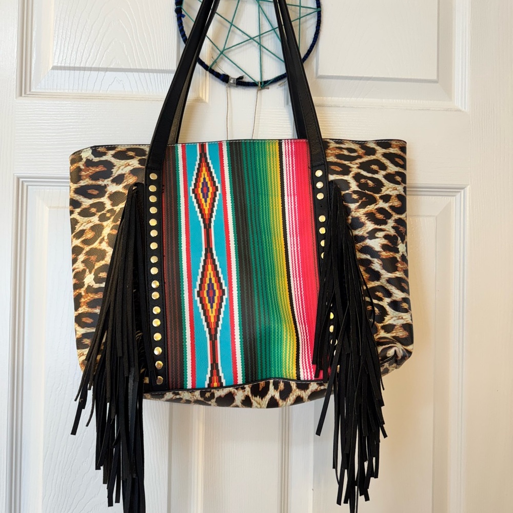 Multicolor Serape & Leopard Fringe Tote Bag